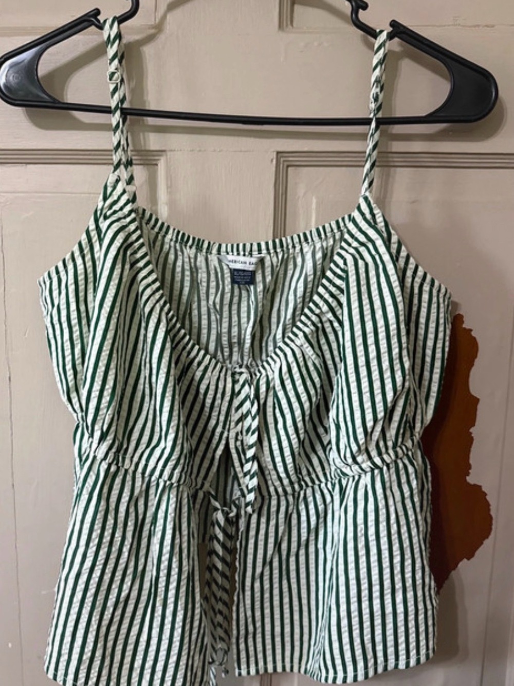 American Eagle Outfitters Green & White Striped Tie-Front Cami